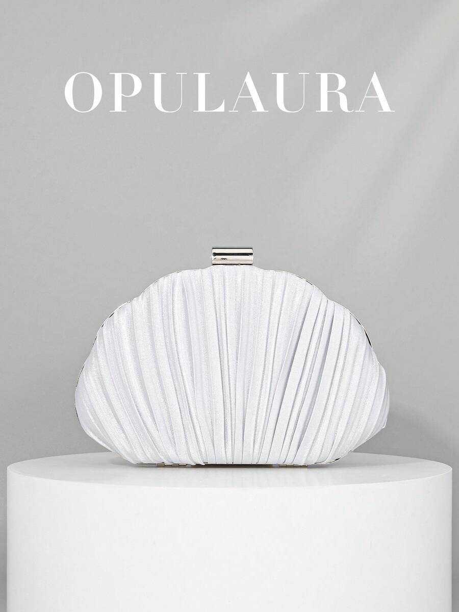 OpulAura 女士优雅/奢华褶皱缎面盒状手拿包，浪漫婚礼手提包，别致礼服钱包，简约杏色盒状包，配有可拆卸链条，适合作为节日礼物 - 銀色 - 查看 1
