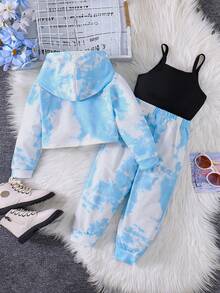 3-Piece Girls' Street Style Tie-Dye Print Long Sleeve Hoodie, Camisole And Pants Set, Autumn/Winter - Blue - View 3