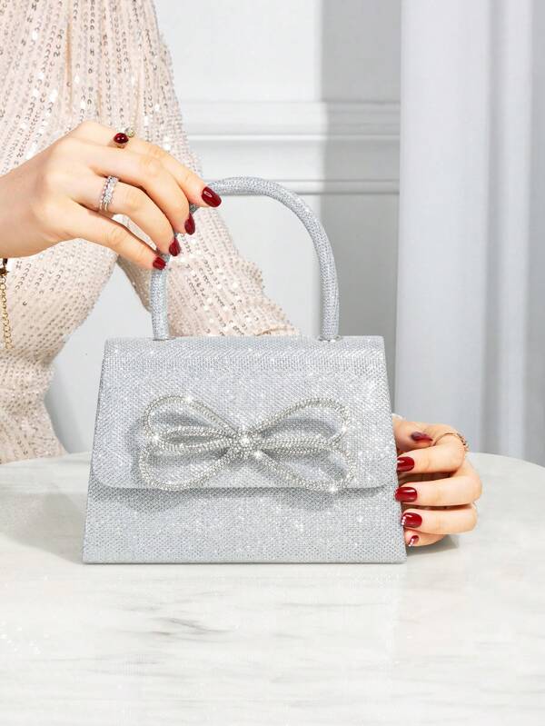 1pc Women's Fashion Silver Sequin Rhinestone Bow Decorated Evening Bag, Glittering Mini Square Handbag, Bridal Exclusive, Perfect For Party, Wedding, Ball, Gala, Mother's Day Gift, Ideal For New Year Outfit, Especially Suitable For Pairing With Women's Ball Gowns, Party Clutch, Perfectly Matches Party, Wedding, Ball, And Gala