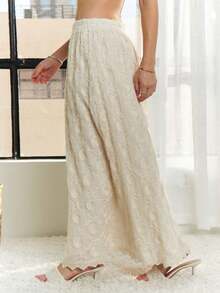 Womens Casual Maxi Skirt Elegant Romantic Floral Embroidered A Line High Waisted Full Length Formal Evening Party Wedding Guest Flowy Cream White Floor Length Summer Spring Special Occasion Swing Dance Skirt - 米色 - 查看 6