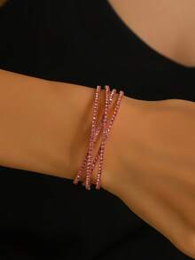 1pc Women's Fashionable Multi-Layer Crossed Open Cuff Bracelet With Rhinestones, Suitable For Daily Wear - Pink 078 - View 2