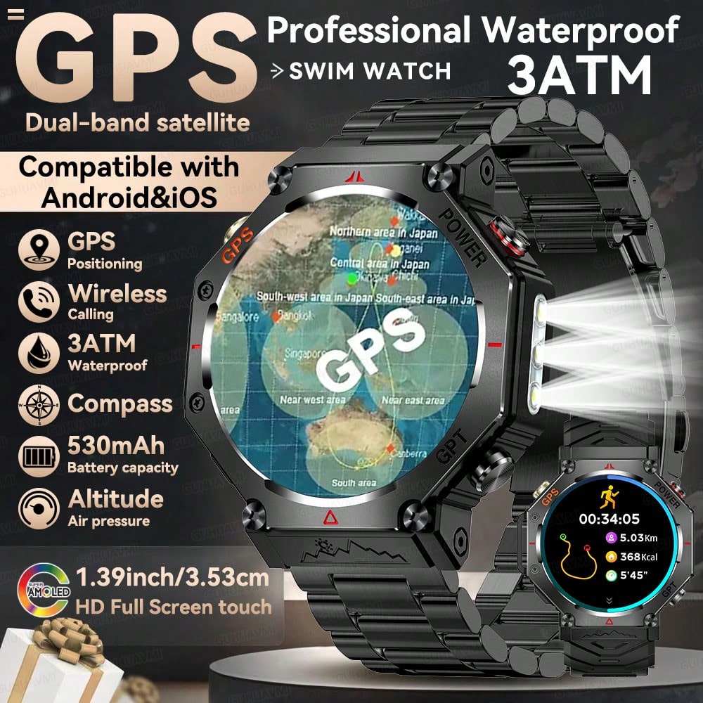 1pc Real GPS Smart Watch For Men, Dual-Band GPS Positioning, LED Flashlight, 3ATM Waterproof, 530mAh Battery, Wireless Call/Dial, Info Push, ChatGPT, Fitness Tracker, Heart Rate/Sleep Monitoring, Compass, Altitude, Barometer, 100+Sport Modes Smartwatch T-REX 3, Compatible With Android IOS