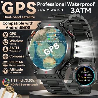 1 pieza Reloj inteligente con GPS real para hombres, posicionamiento GPS de doble banda, linterna LED, impermeable 3ATM, batería de 530mAh, llamada/marcación inalámbrica, notificación de información, ChatGPT, rastreador de fitness, monitoreo de frecuencia cardíaca/sueño, brújula, altitud, barómetro, talla grande de 100 modos deportivos, Smartwatch T-REX 3 compatible con Android e iOS