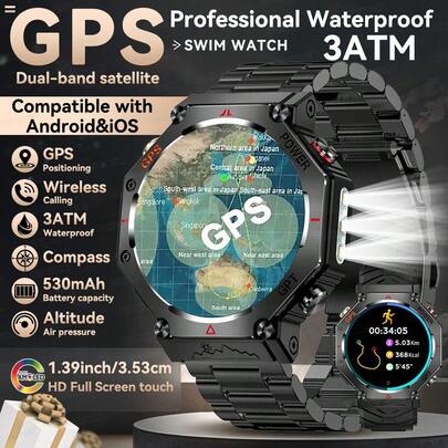 1pc Real GPS Smart Watch For Men, Dual-Band GPS Positioning, LED Flashlight, 3ATM Waterproof, 530mAh Battery, Wireless Call/Dial, Info Push, ChatGPT, Fitness Tracker, Heart Rate/Sleep Monitoring, Compass, Altitude, Barometer, 100+Sport Modes Smartwatch T-REX 3, Compatible With Android IOS