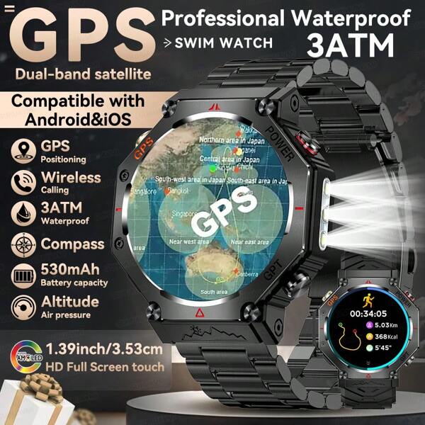 GUHUAVMI 1pc Real GPS Smart Watch For Men, Dual-Band GPS Positioning, LED Flashlight, 3ATM Waterproof, 530mAh Battery, Wireless Call/Dial, Info Push, ChatGPT, Fitness Tracker, Heart Rate/Sleep Monitoring, Compass, Altitude, Barometer, 100+Sport Modes Smartwatch T-REX 3, Compatible With Android IOS