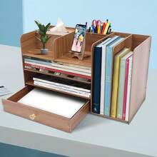 Wooden Desk Organizer 4-Tier - Load Capacity 4kg With Rabbit Phone Holder & Drawer - Cherry Wood Top (48x23x28cm) - 咖啡棕 - 查看 6