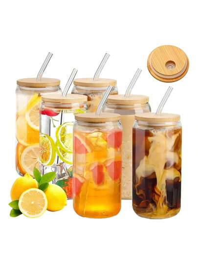 Set de 6 vasos lata de vidrio 16oz con tapas de bambú y popote, vasos de diseño moderno y ecológico para bebidas frías, multiusos ideales fiestas hogar y cocina