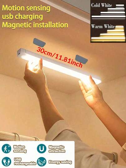1 pieza Luz nocturna con sensor de movimiento recargable por USB de 30 cm/11.81 pulgadas, luz de gabinete inalámbrica cálida/blanca con sensor de movimiento, tira de luz LED con sensor de movimiento de larga duración, luz de lectura recargable para dormitorio con imán, iluminación de seguridad para cocina, dormitorio, gabinete, armario, escaleras, pasillo
