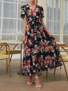 Rusttydustty 波西米亚玫瑰花卉收腰女士长裙，适合情人节、夏季派对、海滩度假、音乐节、婚礼季和晚宴等场合。 - 黑色 - 查看 2