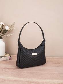 荔枝纹 PU 女包，时尚女士单肩包，纯色合成皮革手提包，拉链开合，带腕带，涤纶衬里，多功能腋下饺子包 - 有白色、黑色、粉色、卡其色、棕色可选