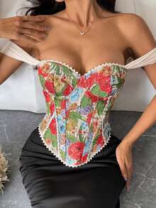 Women's Off Shoulder Short Cape Sleeve Corset Tops Floral Print Slim Fit Bustier Tops Back Lace Up Vintage Corsets Shirts - Multicolor - View 3