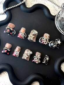 10 Unhas Feitas à Mão, Estilo Curto de Bico de Pato Estilo Europeu e Americano Y2K, Incrustação de Diamante Francês, Textura Pintada à Mão com Linha de Amor, com Elementos de Estrela, Amor, Laço, Adequado para Festas, Danças, Uso Diário, Homens e Mulheres, com um Pedaço de Gel e uma Lixa, É um Bom Presente