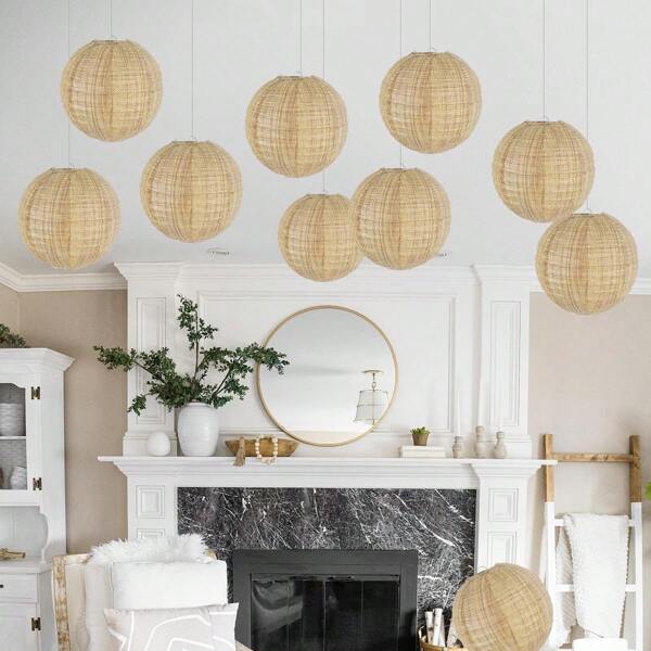 1pc/2pcs/4pcs Rustic Burlap Paper Lanterns, 8 Inch Bohemian Round Paper Lanterns, Pom Pom Lantern Party Decor, Indoor Chinese Paper Decor Hanging, Suitable For Country Party, Bridal Shower Party, Wedding, Country Cottage Classroom Decor, Birthday Party Supplies