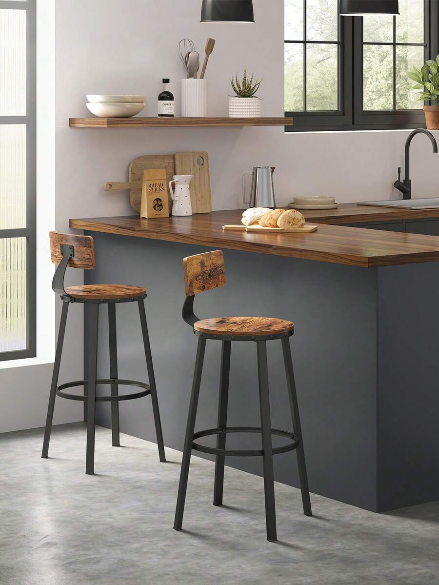 Sgabelli da bar, set di 2 sgabelli da bar alti con schienale, sgabelli da cucina, telaio in acciaio, seduta alta 62,5 cm, facile da montare, industriale, marrone rustico e nero - Castano - Visualizzare 1