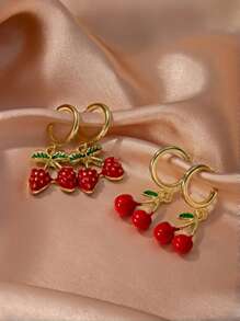 2 pares de aretes tipo botón con diseño de cereza y fresa, accesorios alegres - apropiados para uso diario y fiestas