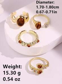 Set de 4 anillos con piedras preciosas simuladas de ojo de tigre de diseño de nicho, minimalista y versátil, un elegante regalo de joyería para mujeres