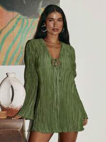 Vestido Curto Feminino de Tricô com Nó na Cintura, Babado na Barra e Cor Sólida, Adequado para Festa, Encontros, Praia, Uso Diário, Casa, Jardim, Estilo de Rua, Primavera, Outono, Inverno