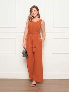 Women's Sleeveless Long Jumpsuit With High Waist Tie Belt And Side Pockets – Elegant And Comfortable - 瓦 - 查看 5