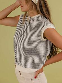 Women Short Rolle Sleeve Basic Knitted T-Shirt Casual Button Up Knit Vest Tops - Multicolor - View 4