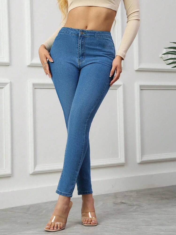 女士简约日常窄脚紧身裤 - 淺色水洗藍 - 查看 8