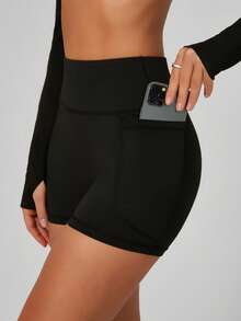 Naked-Feel Tight Waist Yoga Shorts, Breathable Running Gym Shorts With Pockets - Black - View 1