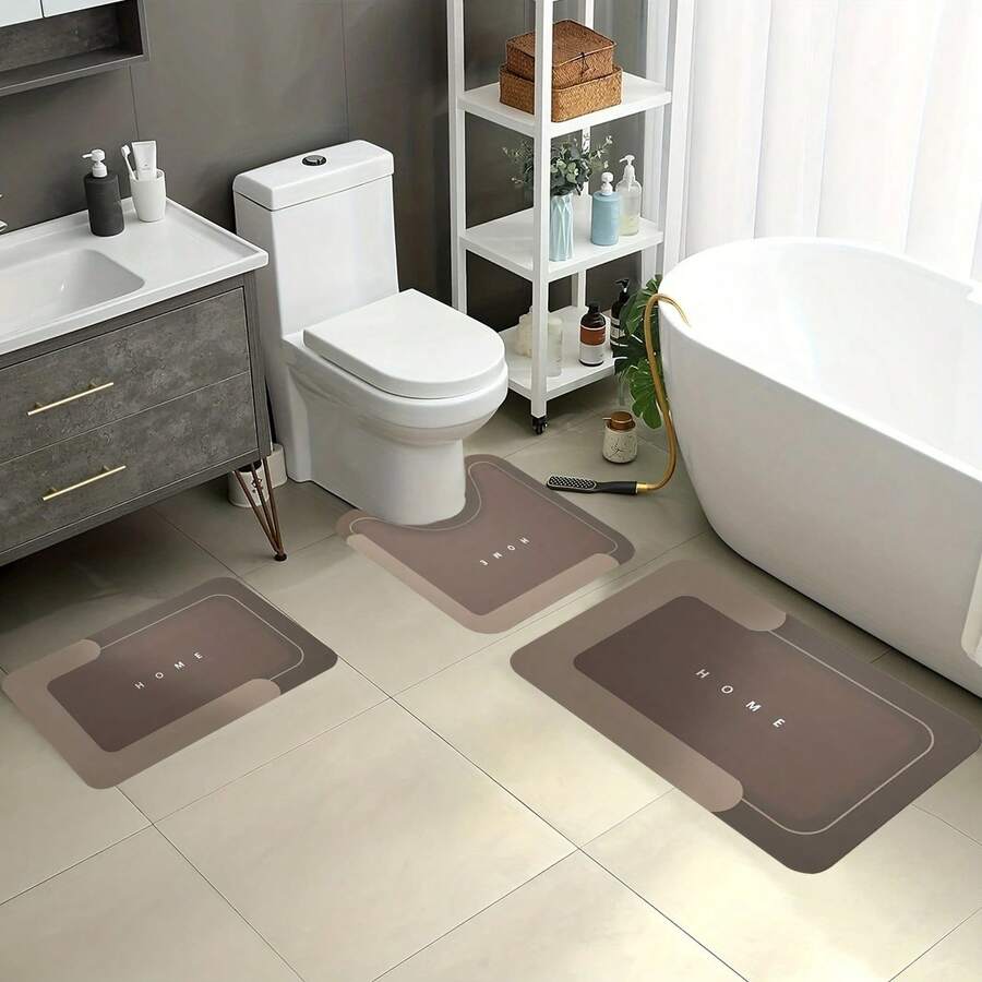 3-Piece Super Absorbent Bathroom Mat Set - Non-Slip Machine Washable Rugs For Bath, Shower  Toilet, U-Shaped Contour, Rectangular Mats With HOME Design, Durable Microfiber Floor Covers, Fits Bathroom, Hotel, Dorm - 咖啡棕 - 查看 1