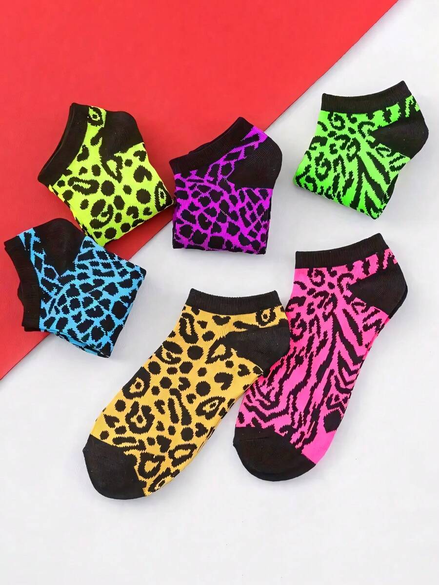 6/12 Đôi Tất Ngắn Cổ Thấp Họa Tiết Da Báo Màu Ngẫu Nhiên Thời Trang Xuân Hè Thu Cho Nữ, Thời Trang Và Đa Năng, Đơn Giản Và Thoải Mái, Mềm Mại Và Thoáng Khí, Thích Hợp Sử Dụng Hàng Ngày - Nhiều màu - Xem 1