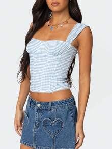 Women Sweetheart Neck Crop Tank Top Y2k Gingham Sleeveless Vest Shirt Slim Fit Cap Sleeve Camisole Streetwear - 藍色 - 查看 2