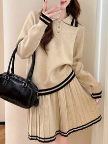 Alicedudu 女式学院风翻领毛衣和迷你裙两件套，秋冬 - 卡其色 - 查看 1