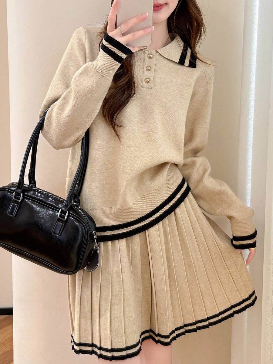 Alicedudu 女式学院风翻领毛衣和迷你裙两件套，秋冬 - 卡其色 - 查看 1