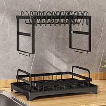 NetHong Large Dish Drainer Rack Kitchen Sink Drying Rack Bowl Plate Holder 360°Drip Tray - Negro B - Ver 6