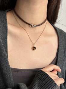 2pcs/Set Elegant Artificial Tigereye Multi-Layer Necklace, Gold Rhinestone Decorated Double Layer Chain Necklace, Charm Necklace For Women Shopping, Party, Ball, Date