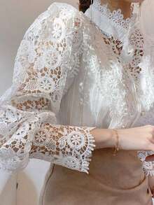 Women's Lace Blouse, Long Sleeve Shirt With Lace Buttons - trắng - Xem 5