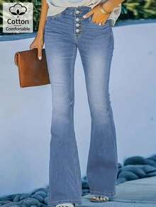 女式性感修身休闲黑色牛仔喇叭裤，优雅弹力修身喇叭裤，适合秋冬穿着 - 淺色水洗藍 - 查看 2