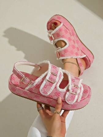 Women's Round Toe Thick Sole Retro Floral Print Platform Slip-On Beach Sandals, Fashion & Versatile