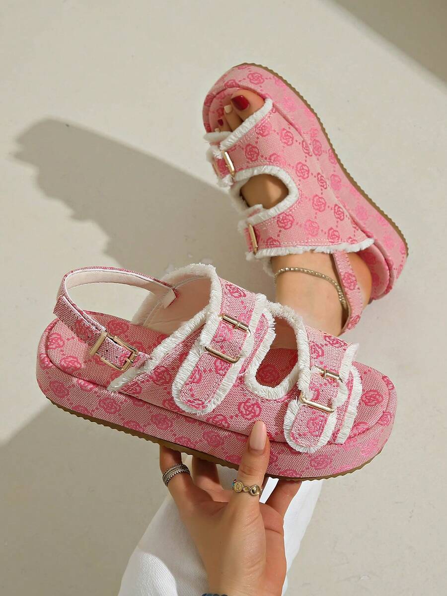 女士圆头厚底复古花卉印花厚底一脚蹬沙滩凉鞋，时尚百搭