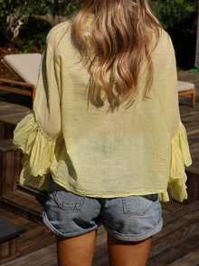 Women Long Sleeve Ruffled Button Down T Shirts Casual Collared Solid Work Tops Blouse - Màu vàng - Xem 4