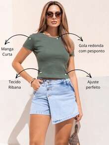 Blusa de Manga Curta Baby Look, Ideal para o Verão, Tecido Ribana Confortável e Fresco