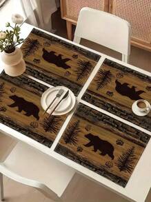 1pc Bear Pattern Printed Table Runner, 4/6/8pcs Matching Bear Printed Placemats, Suitable For Festivals, Parties, Birthdays, Dinners, Kitchen & Dining Room Table Decor, All Seasons Home Decoration
