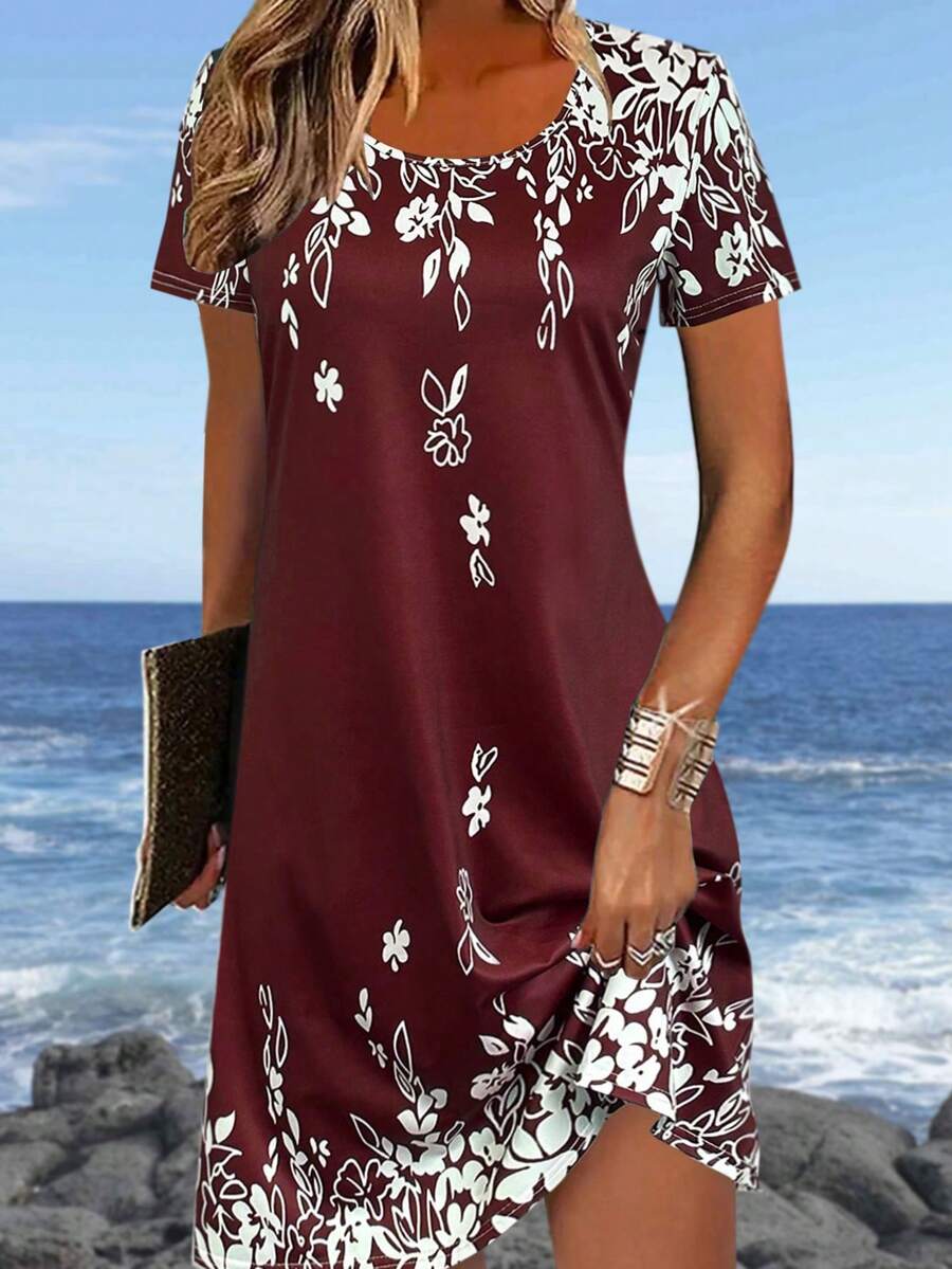 新款轻盈优雅女式休闲度假修身连衣裙，适合外出、居家、旅行、工作，春夏百搭短袖复古度假连衣裙 - 酒紅色 - 查看 1