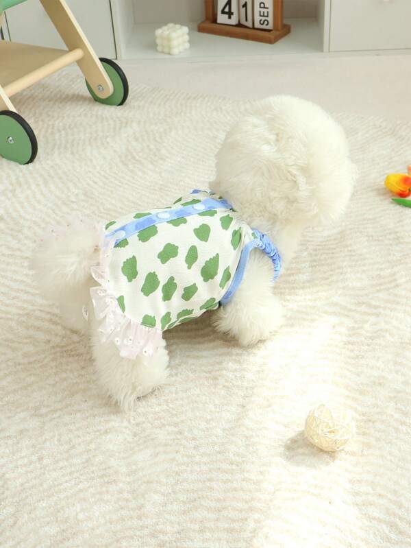 1pc Pet Dog Dress With Ruffle, Contrast Color Daisy Printed Mesh Hem, Sleeveless Overall Dress Design, Suitable For Teddy, Poodle Summer Clothing