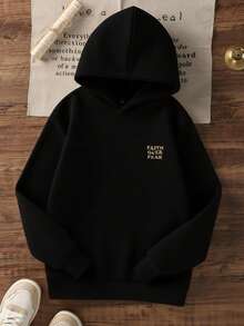 秋季 Tween Girl 休闲印花黑色保暖衬里连帽衫 - 黑色 - 查看 4