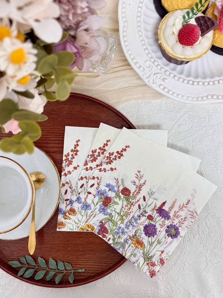 20pcs/Set Spring Floral Printed Disposable Paper Napkins, 13*13inch, Suitable For Wedding, Tea Party, Birthday, Parties, Home Decor, Restaurant, Kitchen, Party Supplies, Made Of Virgin Wood Pulp