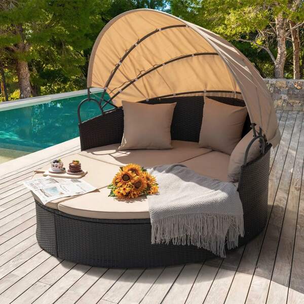 Patio Furniture Outdoor Round Daybed With Retractable Canopy Wicker Rattan Separated Seating Sectional Sofa For Patio Lawn Garden Backyard Porch Pool