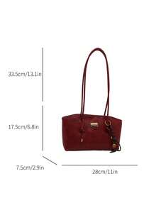 1 件绗缝拉链封口 PU 纯色保龄球包，大容量手提包，新款时尚高品质单肩包，复古风格，非常适合女性日常使用 - 紅色 - 查看 5