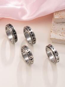 4pcs Women Stainless Steel Vintage Coin Rotatable Stress Relief Ring Set, Stars, Moons, Flowers, Versatile Matching, Suitable For Men & Women, Daily Wear, Holiday, Date Gift Jewelry
