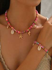 1pc Creative Ocean Theme Beach Vacation Style Sea Star & Sea Shell Pendant Necklace, Versatile Daily Wear