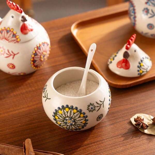 Creative Ceramic Spice Jars With Lid Chicken Shape Moisture-Proof Large Capacity Seasoning Can For Household Seasoning Box Salt Can Spicy Can