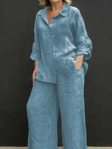 Cardigan casual con cuello polo ligero, blusa elegante de unicolor versátil adecuada para la playa, el diario, el trabajo, las compras, pantalones de pierna ancha con cintura relajada de tel - Lila Púrpura - Ver 9