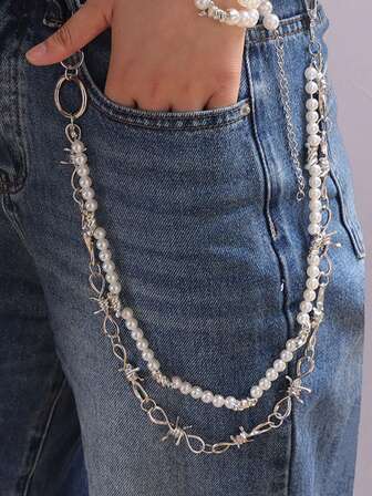 1 件时尚高端创意朋克风格酷炫百搭仿珍珠尖刺双层荆棘裤链配饰，适合男士日常穿着和送礼